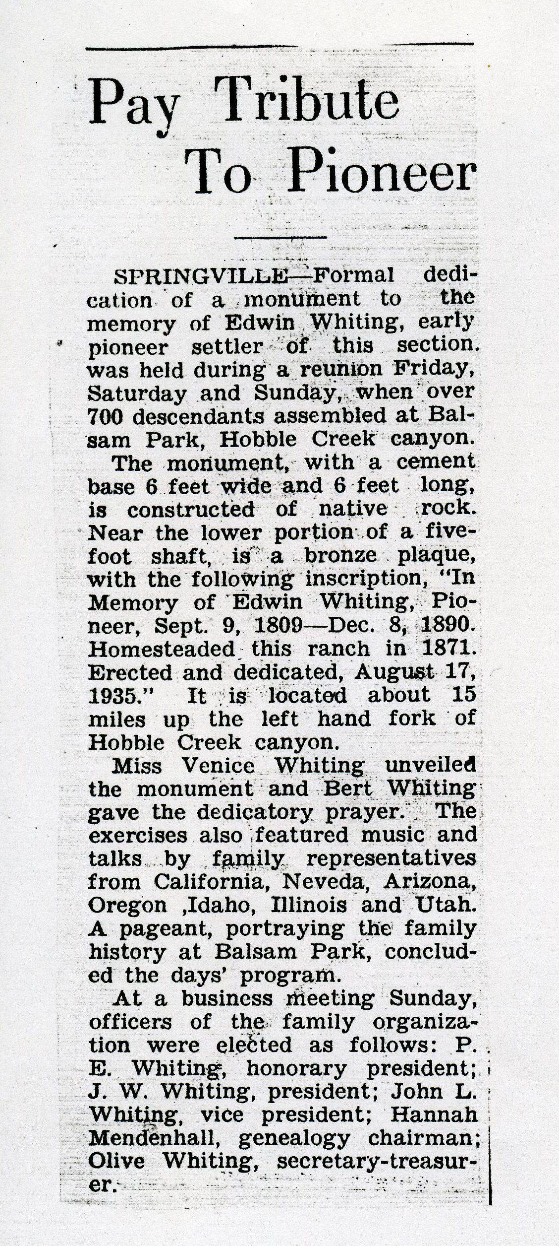 Newspaper account of the Monument Dedication
